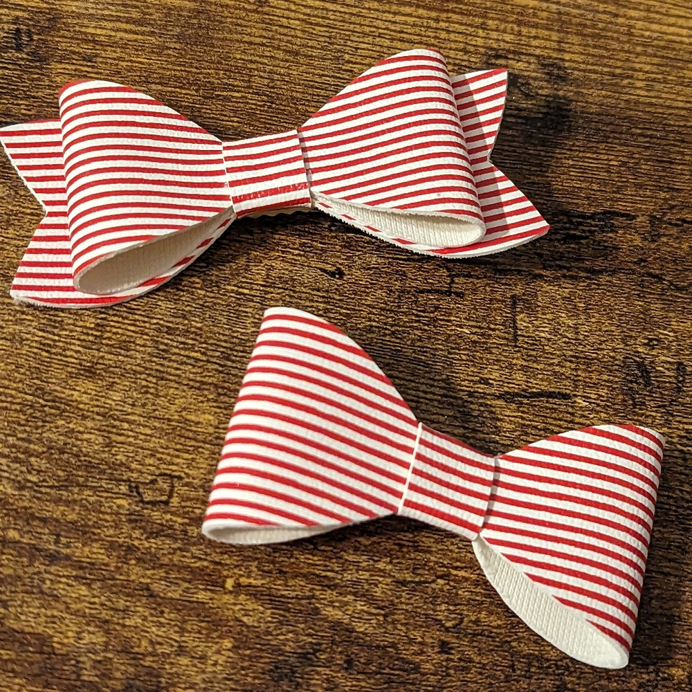 2 For $5 Item: Set Of 2 Red & White Striped Faux Leather Bow Clips New!
